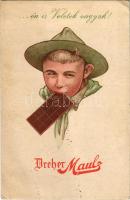 1926 ...Én is veletek vagyok! Dreher Mauls csokoládégyár reklámlapja, cserkészfiú, Korvin Testvérek kiadása / Hungarian chocolate factory's product advertisement, scouting boy (EK)