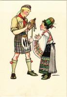 Cserkész és népviseletes fiú. Cserkész művészlap. Kiadja A Magyar Cserkészszövetség / Hungarian boy scout art postcard, Hungarian folklore s: Márton L.