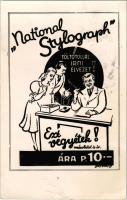 1940 National Stylograph, töltőtoll reklám. Töltőtollal írni élvezet! Ezt vegyétek! másolatot is ír. / Fountain pen advertisement, calendar on the back side s: Sostarics + "1940 XXXV. Budapesti Nemzetközi Vásár Horthy Miklós Országlásának 20. évében" So. Stpl. (EK)