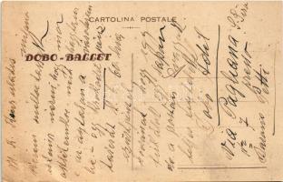 Dobó Balett olasz turnéja. Hátoldalon Dobó Adél panasza az elveszett 60 ezüstpénzéről (lyukak / pinh...