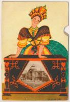 Budapest. Turisztikai reklám - mechanikus forgó levelezőlap, magyar folklór s: Mallasz Gitta (EK)