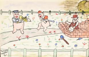 cca 1940 Emlékkönyv sok katonákat ábrázoló és egyéb rajzos bejegyzéssel jó állapotú bőr kötésben