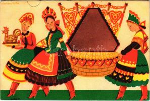 Magyar folklór művészlap. Globus R.T. / Hungarian folklore art postcard s: Mallász Gitta (gyűrődés / crease)