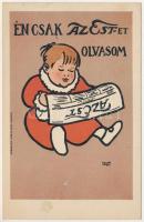 Én csak Az Est-et olvasom. Az Est napilap reklámja. Légrády Testvérek kiadása / Hungarian newspaper advertisement art postcard s: Polya (felületi sérülés / surface damage)