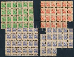 Gyermekposta bélyegek kék, zöld és piros színben, 91 db, összefüggésekben