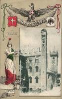 Trento with Palazzo Pretorio and Italian national symbols litho
