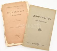 Magyar Jogászegyleti Értekezések 4 kötete: DEák Ferencz emlékezete, Csemegi Károly emlékezete, Justh Zsigmond, Tiz év a magyar parliament történetéből. Szétesett állapotban.