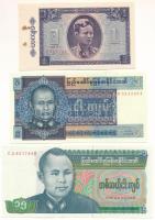 Mianmar / Burma 1965. 1K a kötegelés jellegéből származó lyukakkal és rozsdafoltokkal + 1973. 5K + 1986. 15K T:UNC,AU  Myanmar / Burma 1965. 1 Kyat with the usual holes and rust spots from wrapping process + 1973. 5 Kyats + 1986. 15 Kyats C:UNC,AU