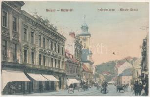 1913 Brassó, Kronstadt, Brasov; Kolostor utca, Albert Spitz és testvére üzlete / Kloster-Gasse / street view, shops (fl)