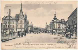 1906 Kolozsvár, Cluj; Wesselényi Miklós utca, vashíd és környéke, Phönix biztosító társaság, gyógyszertár, üzletek. Schuster Emil kiadása / street view, bridge, insurance company, pharmacy, shops