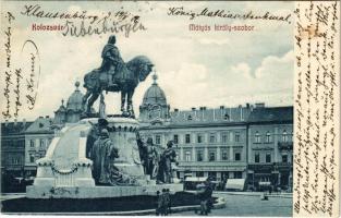 1907 Kolozsvár, Cluj; Mátyás király szobor, Erdélyi bank, Jeney Lajos üzlete. Lepage Lajos kiadása / monument, bank, shops (fl)