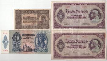 8db-os jó állapotú korona, pengő és forint bankjegy tétel, közte 1945. 100P (2x) egyugrásos sorszámk...