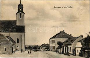 Pozsonynádas, Nádas, Trstín, Nadasch (Nagyszombat); Fő utca, templom / main street, church (EK)