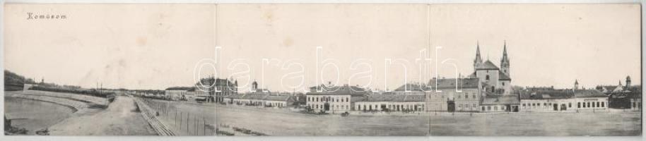 1909 Komárom, Komárno; 3-részes kihajtható panorámalap, Széles Gergely vendéglője, üzletek. E.D.K. 152. / 3-tiled folding panoramacard, restaurant, shops (fl)