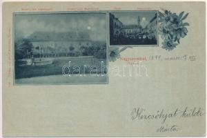 1900 Nagyszombat, Tyrnau, Trnava; Sessler-féle malátagyár, sörgyár, Fő tér. Adolf Horovitz kiadása / Sessler'sche Malzfabrik, Hauptplatz / malt factory, brewery, main square. Floral (fl)