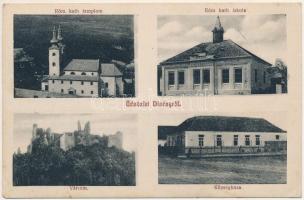 Divény, Diwein, Divín; Római katolikus templom és iskola, várrom, Községháza. Steegmüller fényirda / Catholic church and school, castle ruins, town hall (EK)