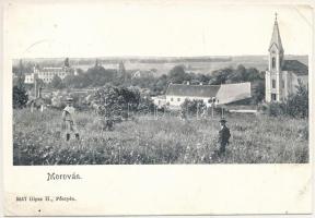 1909 Moraván, Morovan, Moravany nad Váhom (Nyitra); látkép, templom, várkastély. Gipsz H. kiadása / general view, church, castle (vágott / cut)