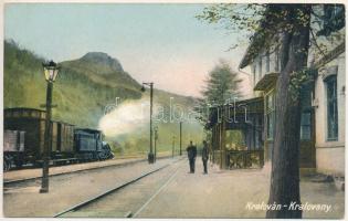 Kralován, Kralovany; vasútállomás, vonat, gőzmozdony. Klimacek Sándor kiadása / railway station, train, locomotive