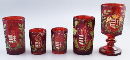 5 darab emlékpohár. cca 1850, Parád, bíborpácolt, zománcfestett üveg, "Emlékül", "Élj...