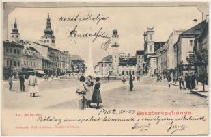 1902 Besztercebánya, Banská Bystrica; IV. Béla tér, városháza, üzletek, szökőkút. Ivánszky Elek kiadása / square, town hall, shops, fountain (EK)