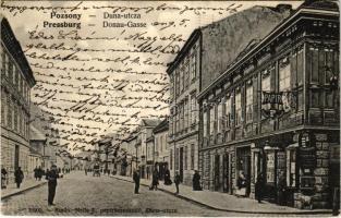 1909 Pozsony, Pressburg, Bratislava; Duna utca, Neffe József üzlete és saját kiadása / Donau-Gasse / street view, publisher's shop (EK)