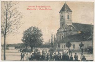 Pöstyén, Piestany; Vásártér Nagy-Pöstyénben, piac, templom. Gipsz H. kiadása / Marktplatz / market square, church (ázott / wet damage)