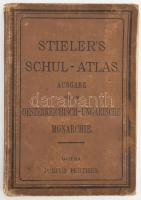 cca 1890 Stieler's Schul-Atlas. 72. Auflage. Vollständig neu bearbeitet von Dr. Hermann Berghaus. Ausgabe für die Österreichisch-Ungarische Monarchie. Gotha, Justus Perthes, 2 sztl. lev.+ 33 (duplaoldalas, színes térképek) t. Német nyelven. Kiadói egészvászon-kötés, kissé sérült, kopott borítóval, az előzéklapon és a címlapon bejegyzésekkel, több kijáró lappal.