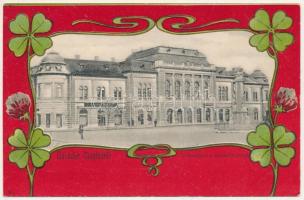 Cegléd, Városháza, Kossuth tér. Szecessziós litho lap lóherével, Sebők Béla kiadása - Art Nouveau (EK)