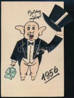 1956 Újévi malacos mechanikus üdvözlőlap, kézzel rajzolt, 12x8 cm