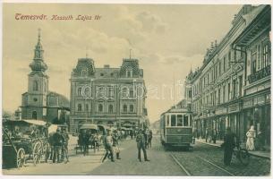 1919 Temesvár, Timisoara; Kossuth Lajos tér, villamos, piac, Néptakarékpénztár, Altmayer, Szobovich József, Adler Ignác, Csendes és Fischer és Porcellánház üzletek. Gerő Manó kiadása / square, savings bank, shops, tram, market (fa)