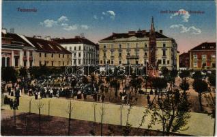 Temesvár, Timisoara; Jenő herceg tér, Rukavina emlékmű, piac, Agrár takarékpénztár, Turul cipőgyár részvénytársaság főraktára / square, monument, market, savings bank, shops (Rb)