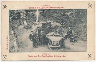 1909 Nagybáród, Nagy Báród; Borod; Mária tárna bejárata bányászokkal, csille. Jó szerencsét! / Glück auf! miners with mine cart (EK)