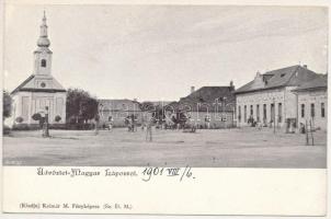 Magyarlápos, Oláhlápos, Targu Lapus; Fő tér, templom, üzlet. Kalmár M. fényképész kiadása / main square, church, shop (EK)