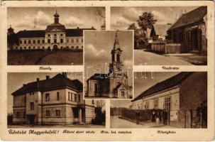 Magyarbél, Madarsky Biel, Velky Biel; kastély, Vasút utca, Állami elemi iskola, Római katolikus templom, községháza / castle, street, school, church, town hall (EB)