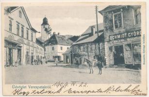 1909 Verespatak, Goldbach, Rosia Montana; utca, Schmidt György üzlete. Bocanits György kiadása, Deutsch fényképész fölvétele / street and shop (EK)