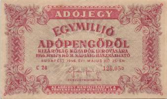 1946. 1.000.000AP 6 folyószámmal, benne utolsó szám "8" felül kitörve, erősen felcsúszva! ...