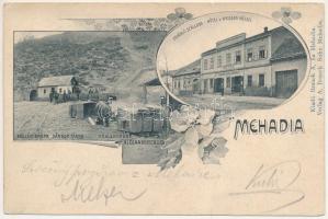 1906 Mehádia, Kőszén bánya, Sándor Tárna, iparvasút, Fehérló szálloda. Brauch A. fia kiadása / Kohlengrube, Alexanderstollen, Hotel zum weissen Rössel / coal mine, industrial railway, hotel. Art Nouveau, floral (Rb)