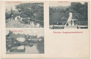 Nagyszentmiklós, Sannicolau Mare; Fürdés az Arankában, Arankai átjáró és malom. Kuharik fényképész felvétele / bathing in the Aranca river, bridge, mill (ragasztónyom / glue marks)