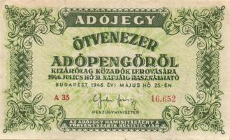 1946. 50.000AP főtípus papírráncokkal + 100.000AP sorozat- és sorszám nélkül, hátlapi szöveg nem köz...