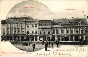 1904 Eperjes, Presov; Fő utca, Takarékpénztár, gyógyszertár, Glück D., Bodnár Gy., Throp Gyula, Holenia üzlete. Fénynyomat Divald műintézetéből / main street, savings bank, pharmacy, shops