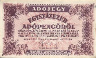 1946. 100.000AP vastag fehér papír "5600." rendelettel; előlapi, jobb oldali, igen erős festékelfolyással T:II- jobb oldalon kis berepedéssel