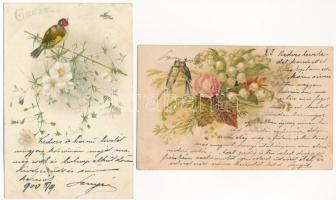 2 db RÉGI virágos üdvözlőlap madárral, litho / 2 pre- 1945 flower greetings postcards with birds, litho