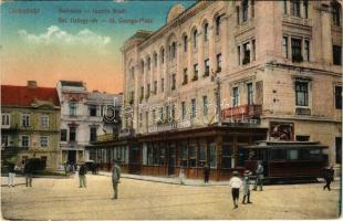 1919 Temesvár, Timisoara; Belváros, Szent György tér, villamos, Gresham, üzletek / Innere Stadt, St. Georgs-Platz / square, tram, shops (EK)