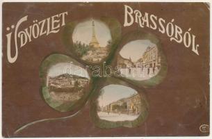 1907 Brassó, Kronstadt, Brasov; Üdvözlet Brassóból. lóherés mozaiklap / multi-view postcard with clover. Oranotypie (fa)