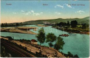 Vágújhely, Neustadt an der Waag, Nové Mesto nad Váhom; vasúti sín, komp. Horovitz Adolf kiadása / Povazie, Beckov, ferry, railway track