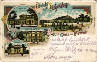 1915 Pöstyén, Piestany; Park Villa, Cs. és Kir. katonai kórház, Munkáslak. Gipsz H. kiadása / villa, military hospital, workers' apartment. Art Nouveau, floral, litho (EK)