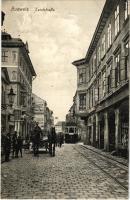 1915 Ceské Budejovice, Budweis; Landstraße, Drogerie Wlcek, Budweiser Sparkasse / street view, tram, drugstore, savings bank (EK)