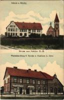 1914 Kobiór, Kobier; Schule u. Kirche, Warenhandlung S. Tyczka u. Gasthaus A. Jelen / school and church, shop of Tyczka, hotel, inn (EK)