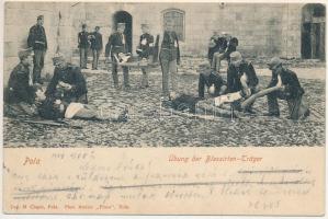 1900 Pola, Übung der Blessirten-Träger. Dep. M. Clapis, Phot Atelier Flora / Cs. és kir. katonai elsősegély gyakorlat hordágyakkal / K.u.k. military first aid training, stretchers (Rb)