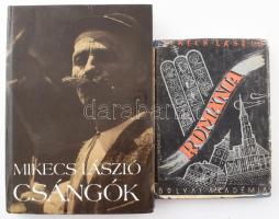 Mikecs László 2 műve: Románia. Útijegyzetek. Bolyai Könyvek. Bp., 1940, Bolyai Akadémia. Második kiadás. Kiadói egészvászon-kötés, foltos borítóval, sérült, foltos kiadói papír védőborítóban. + Csángók. Bp., 1989, Optimum. Reprint kiadás. 5 db térkép-melléklettel. Kiadói kartonált papírkötés.